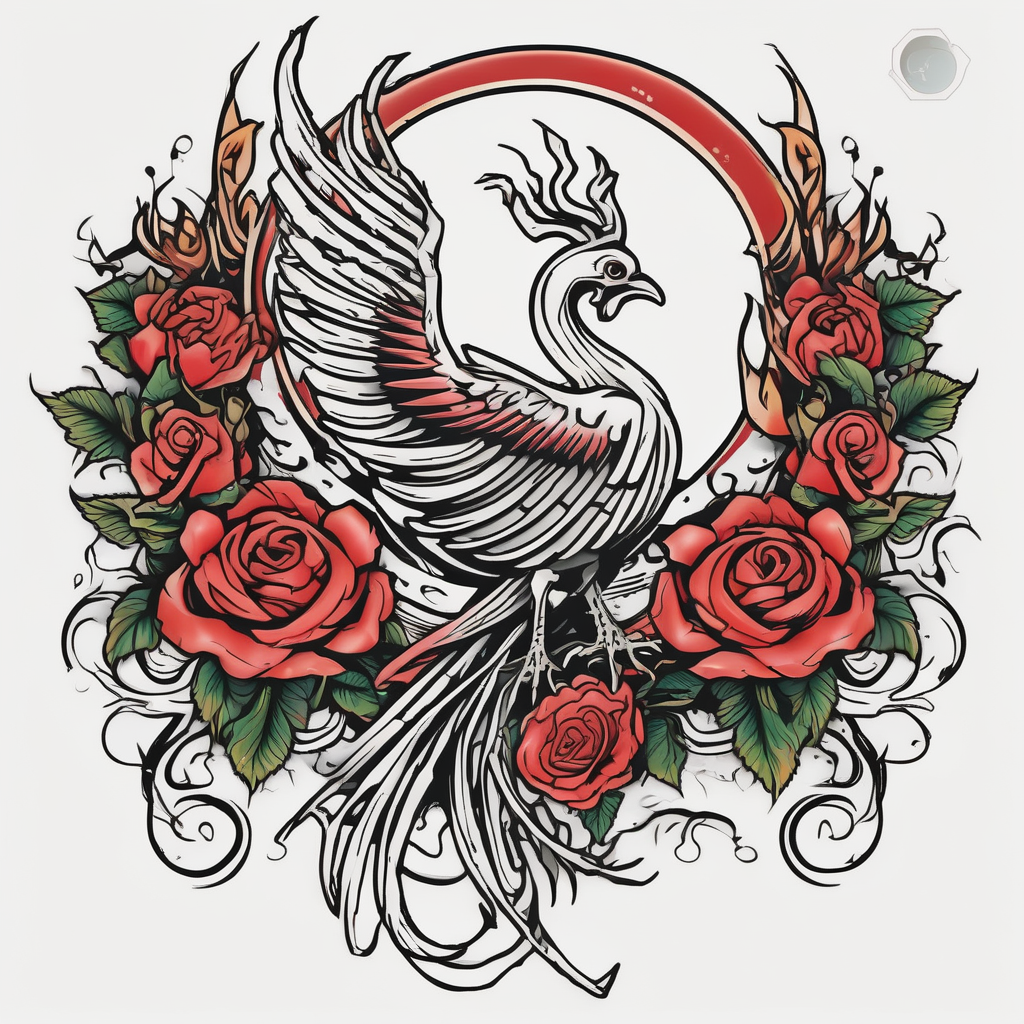 Fenix con rosas y la luna fenix old school(AIが生成したオールドスクールスタイルのタトゥーデザイン)